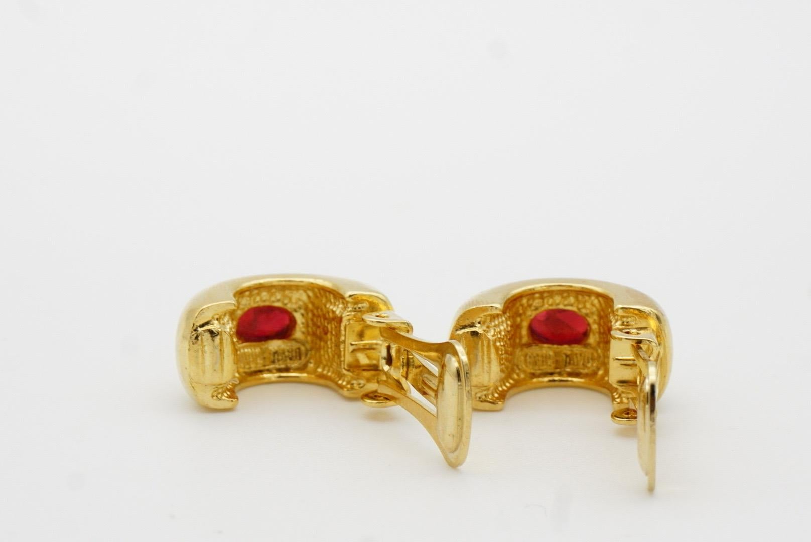 David Grau Vintage 1980s Oval Ruby Cabochon Crystal Hoop Dome Gold Clip Earrings For Sale 9