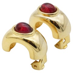 David Grau Vintage Rare Gold Oval Red Ruby Cabochon Crystal Domed Clip Earrings