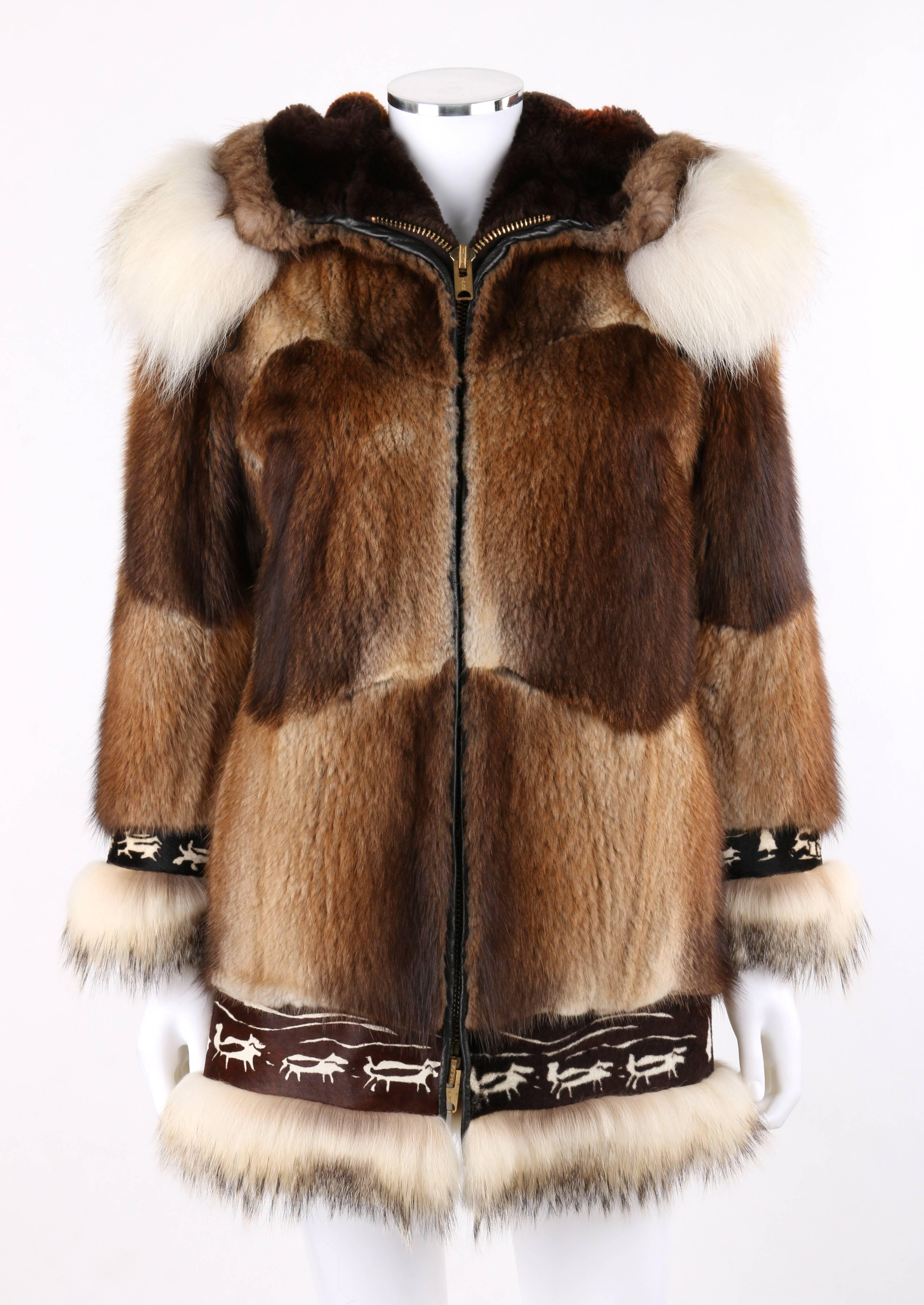 David Green genuine muskrat / wolf / beaver fur hooded zip front Alaskan parka. Muskrat fur body. Center front gold-toned metal double zipper closure with single toggle and loop closure at top. Long sleeves with wolf fur cuffs. Beaver fur hooded