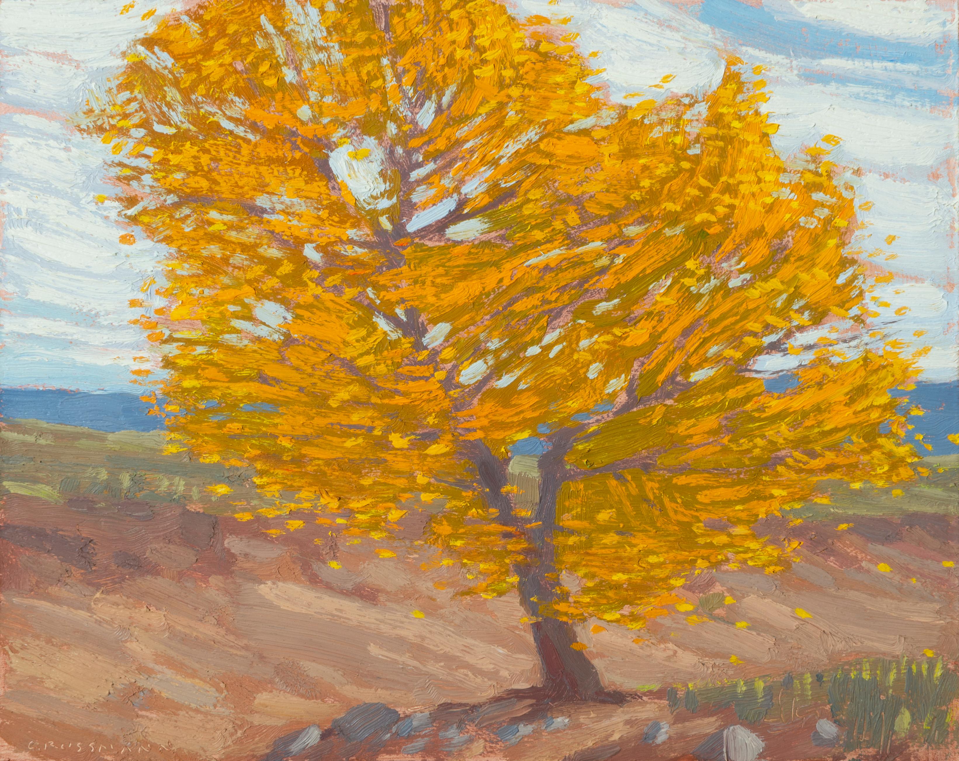 David Grossmann Landscape Painting - Autumn Cottonwood in the Arroyo , Oil Painting