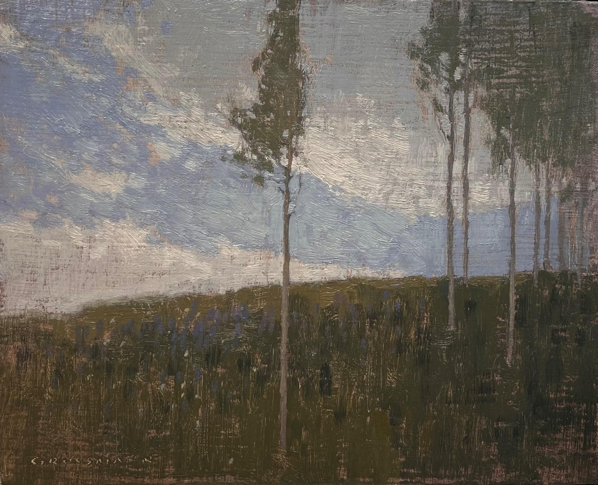David Grossmann Landscape Painting - "Early Summer Aspen and Clouds", Oil Painting