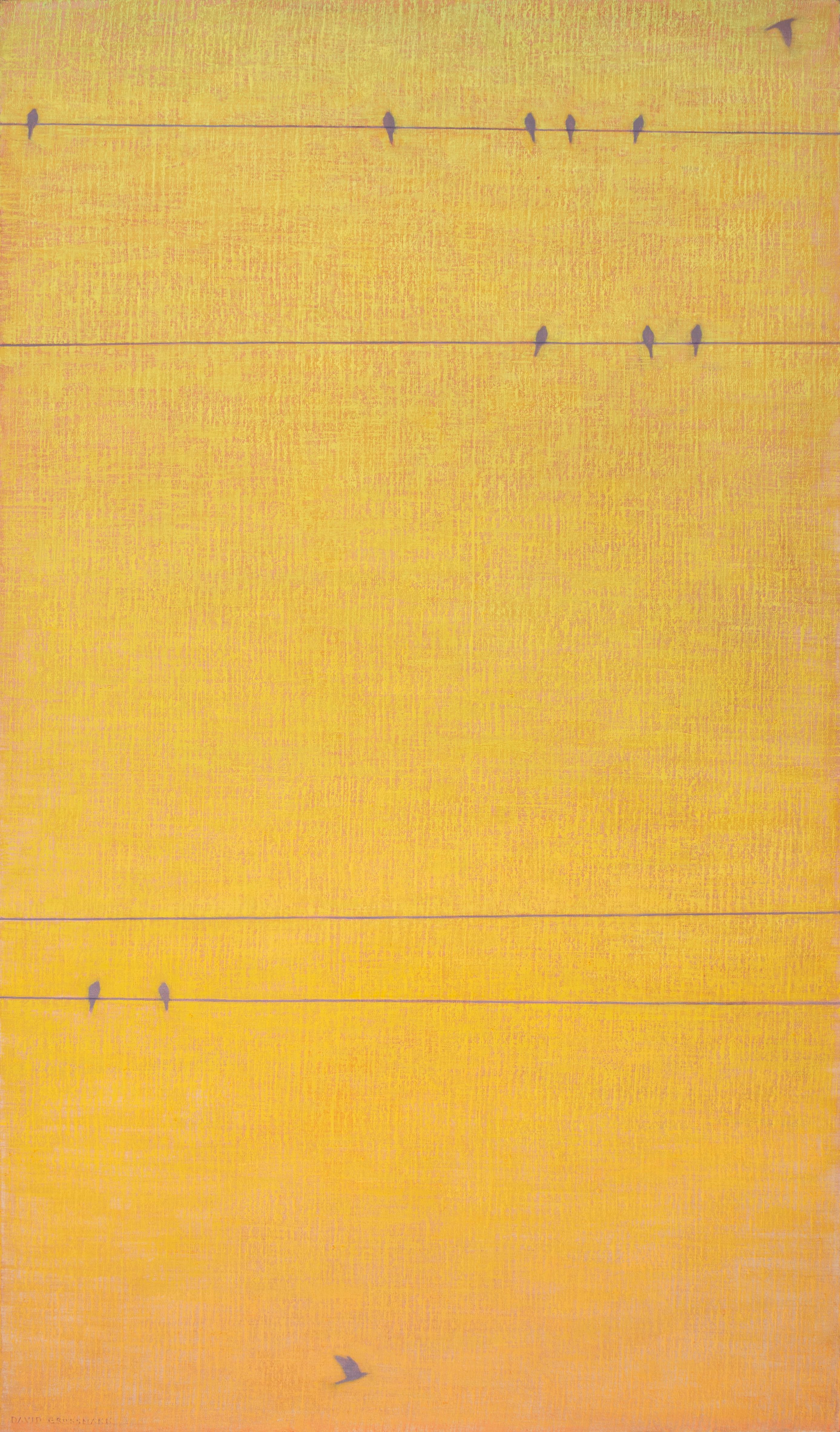 "Líneas y pájaros sobre cielo dorado", de David Grossmann, Pintura al óleo original