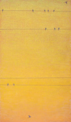 „Linien und Vögel am goldenen Himmel“, von David Grossmann, Original-Ölgemälde