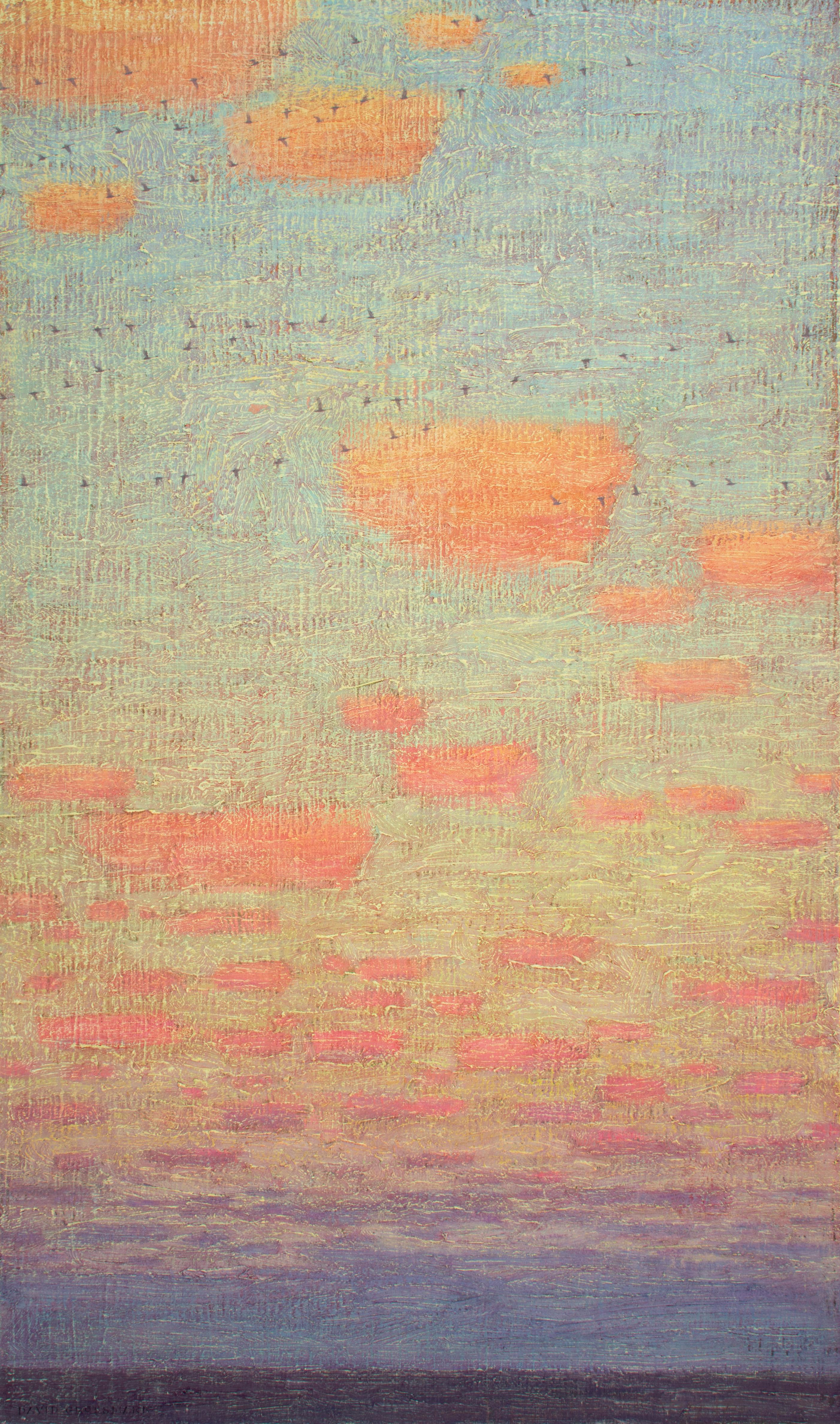 David Grossmann Figurative Painting - "Sunset Clouds with Strands of Geese", Oil Painting