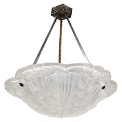 David Gueron, Degué, French Art Deco Frosted White Glass Pendant Light, 1930s