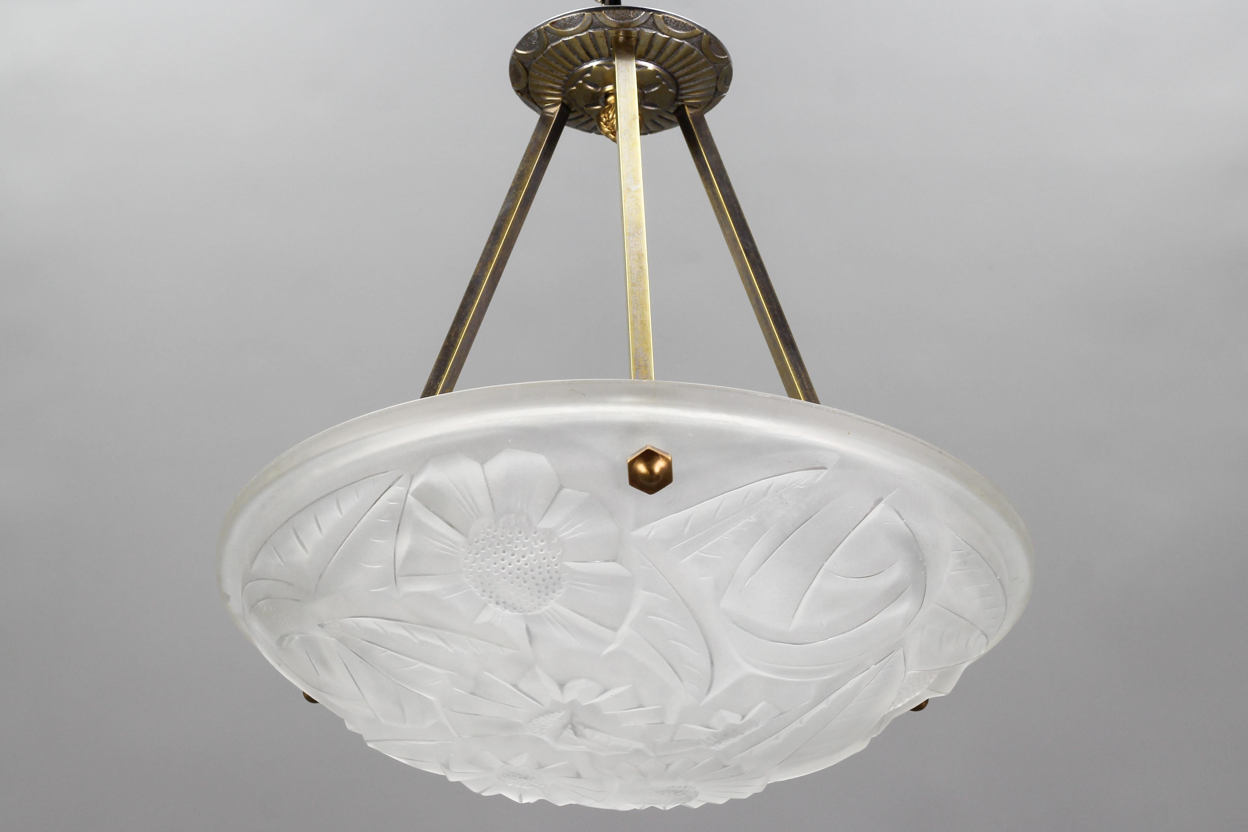 Metal David Gueron French Art Deco Frosted Clear Glass Pendant Chandelier, 1930s