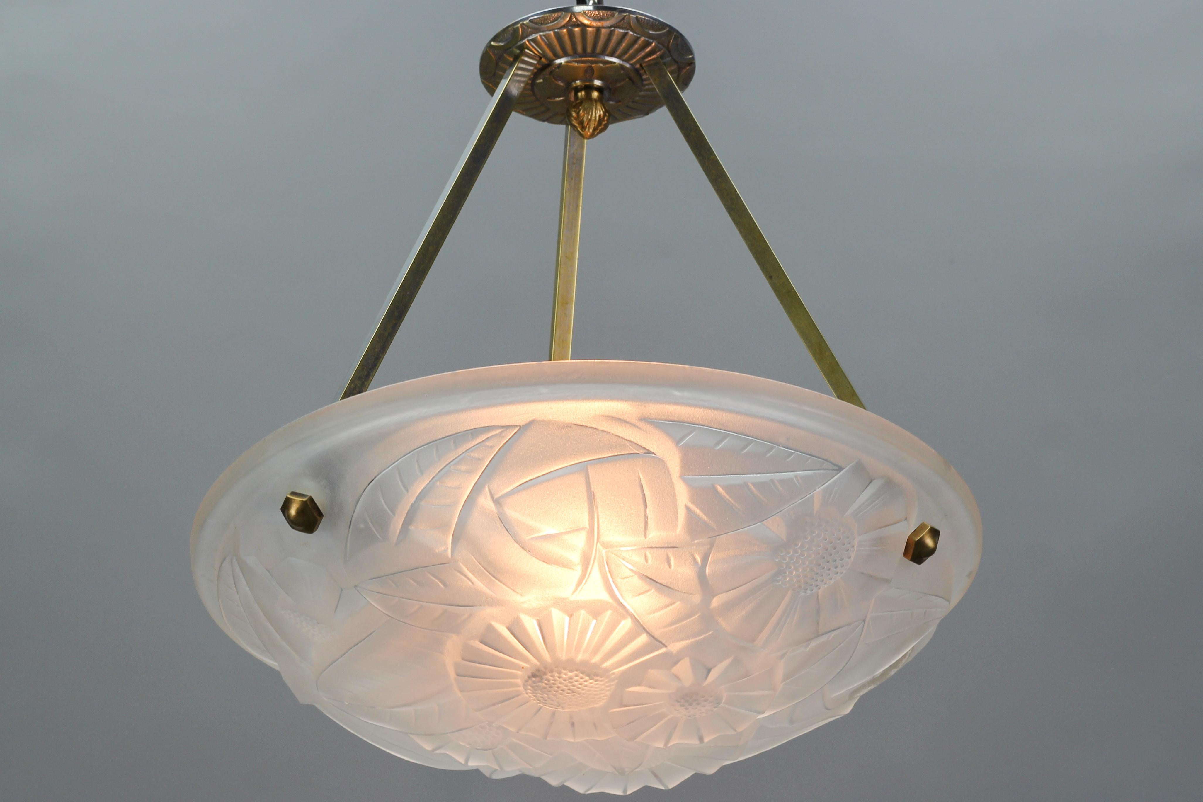 David Gueron French Art Deco Frosted Clear Glass Pendant Chandelier, 1930s 2