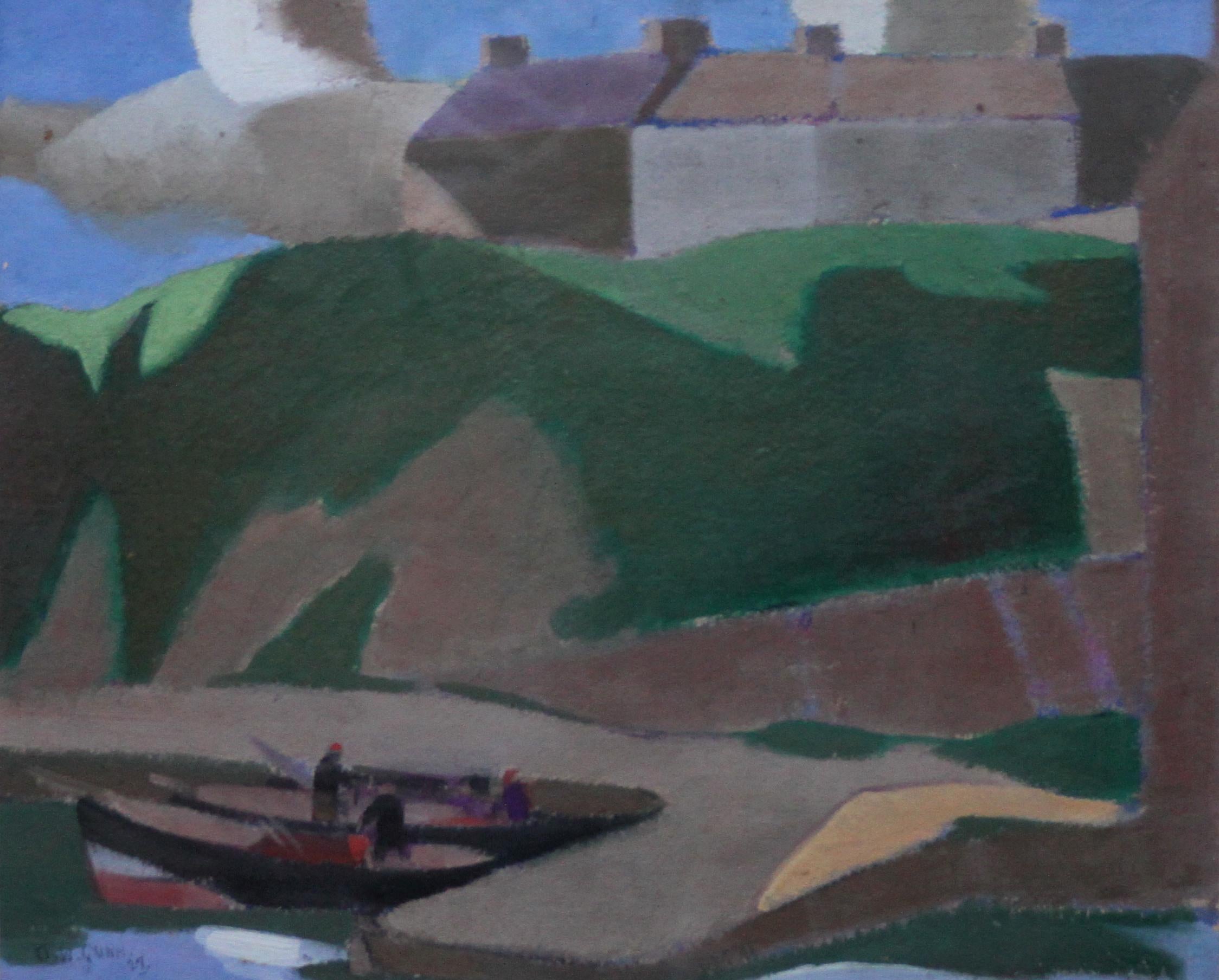 Caithness Harbour - Scottish Cubist art marine oil painting Founder 1922 Group - Painting by David Gunn