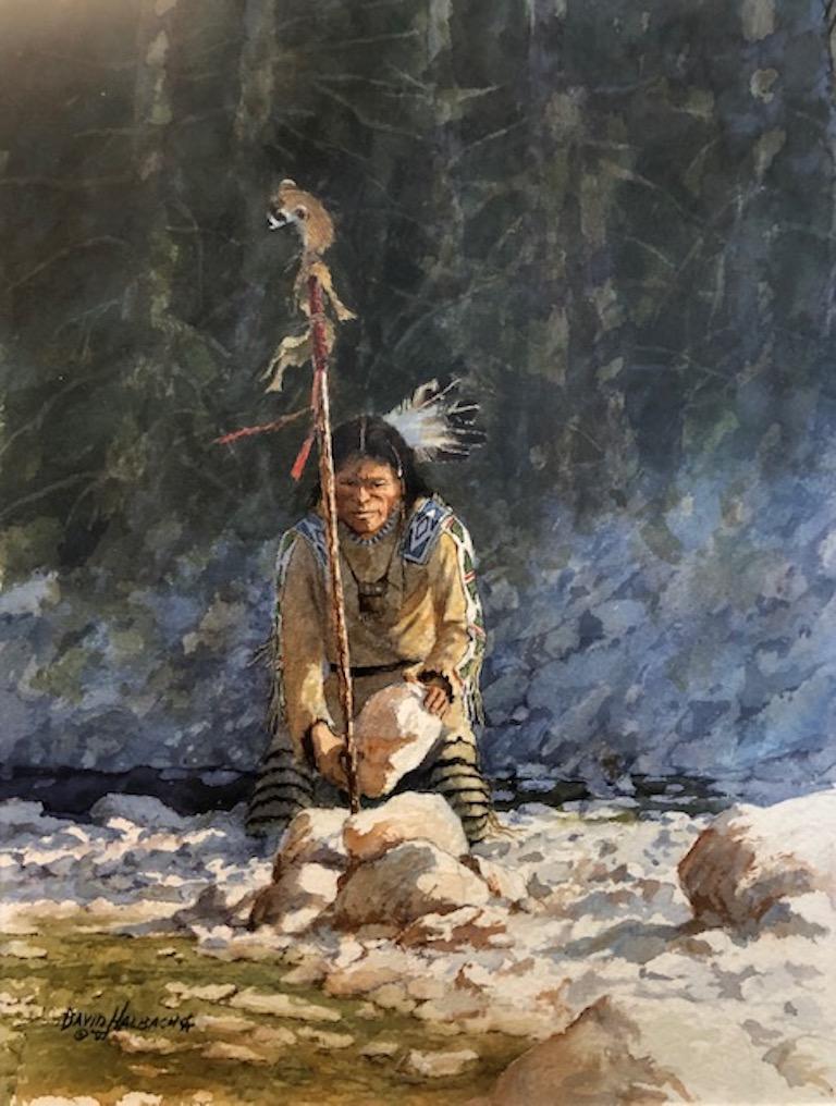 David Halbach (1931- )

American artist, well represented and winner of multiple awards.
Artist is an active member of 
 CAA = Cowboy Artists of America
 NAWA = National Academy of Western Artists

 Watercolor on paper, signed lower left,