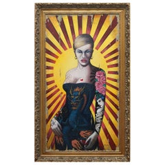 David Hall Oil Painting of a Tattooed Lady in Cobalt Blue Dragon Oriental Corset
