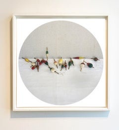 Bobbers (Nautical Still Life Photo of Fishing Bobbers on White, FRAMED))