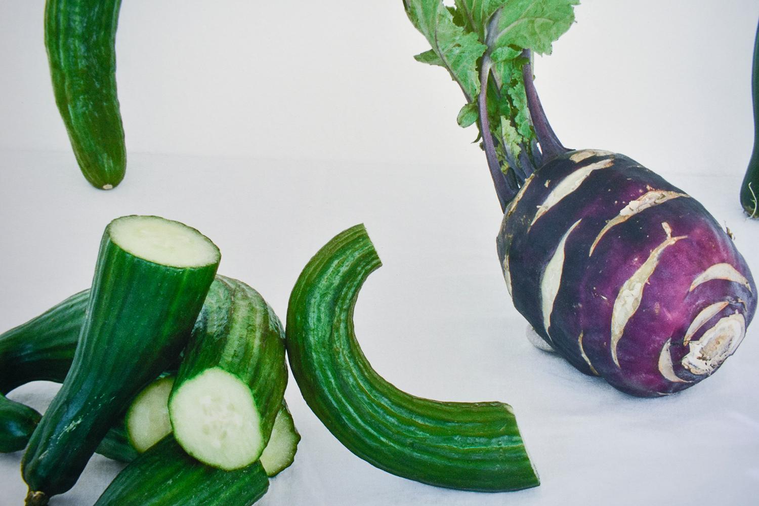 Cucumbers & Kohlrabi (Framed Still Life Photograph, Purple & Green Vegetables)  - Gray Still-Life Photograph by David Halliday