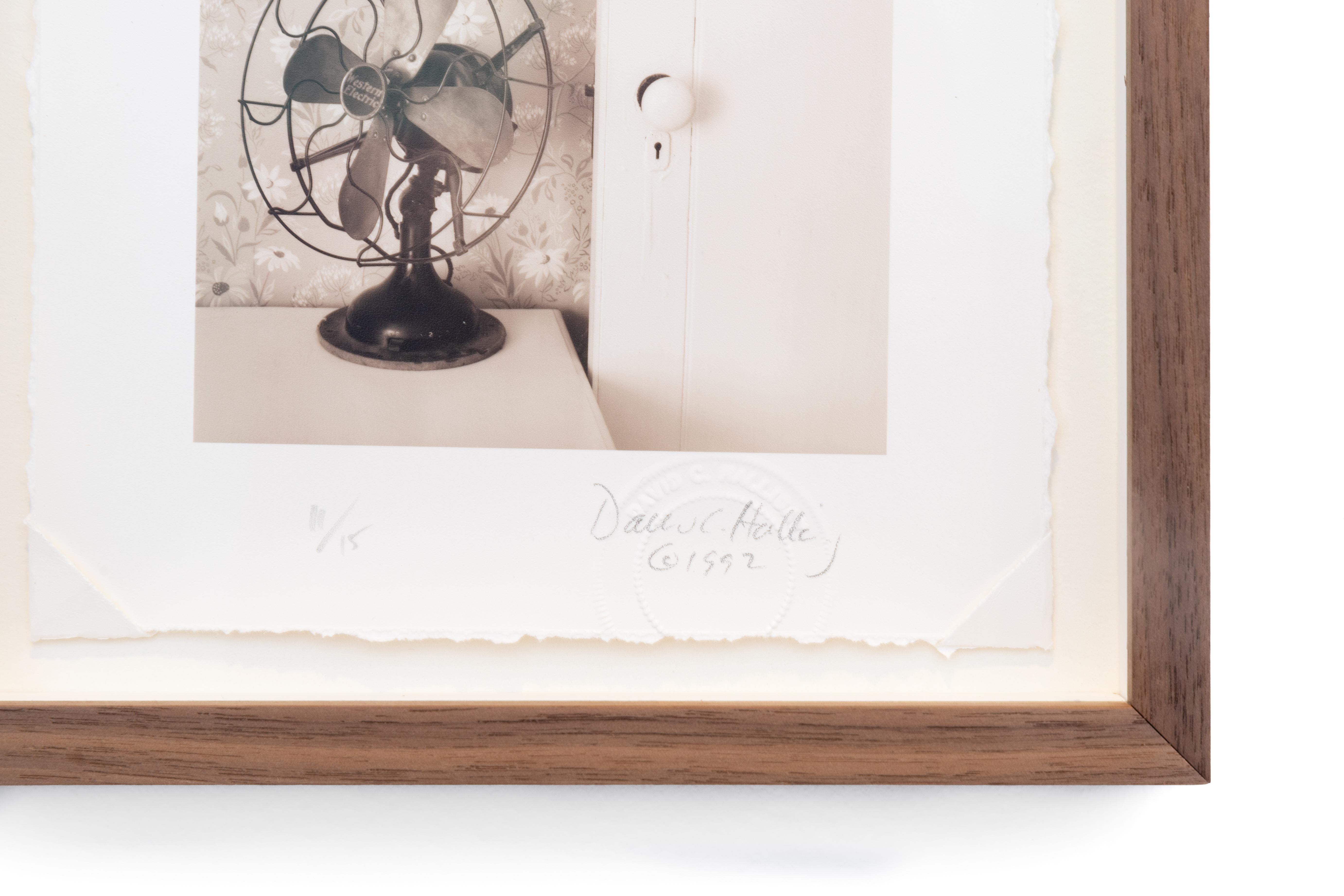 Fan (Sepia Toned Still Life Photograph of Vintage Western Electric Fan, Framed) - Beige Black and White Photograph by David Halliday