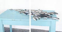 Fish on Blue (Still Life Photograph of Silver Fish on a Pastel Blue Table)