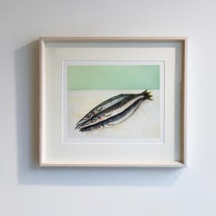 Cinco Peces (Fotografía en color de bodegón de pescado sobre mesa con verde menta)