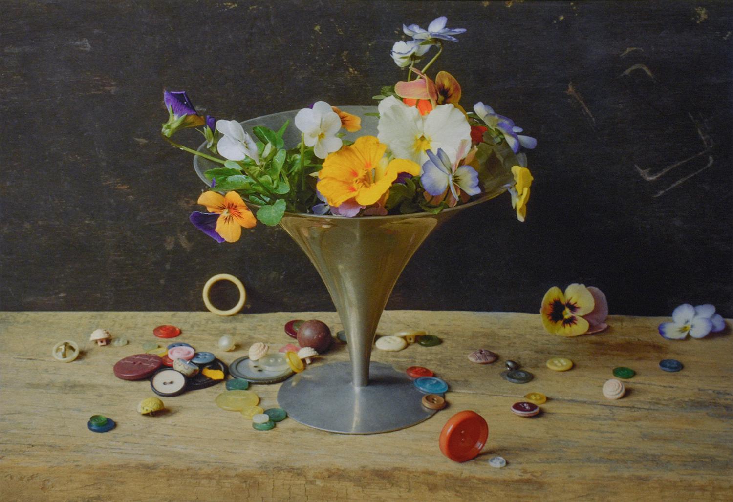 Flowers, Compote & Buttons (Color Still Life Photograph of Flowers on Tabletop)
