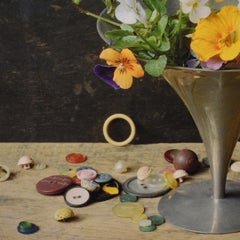 Flowers, Compote & Buttons (Still Life Photograph of Flowers on a Tabletop)