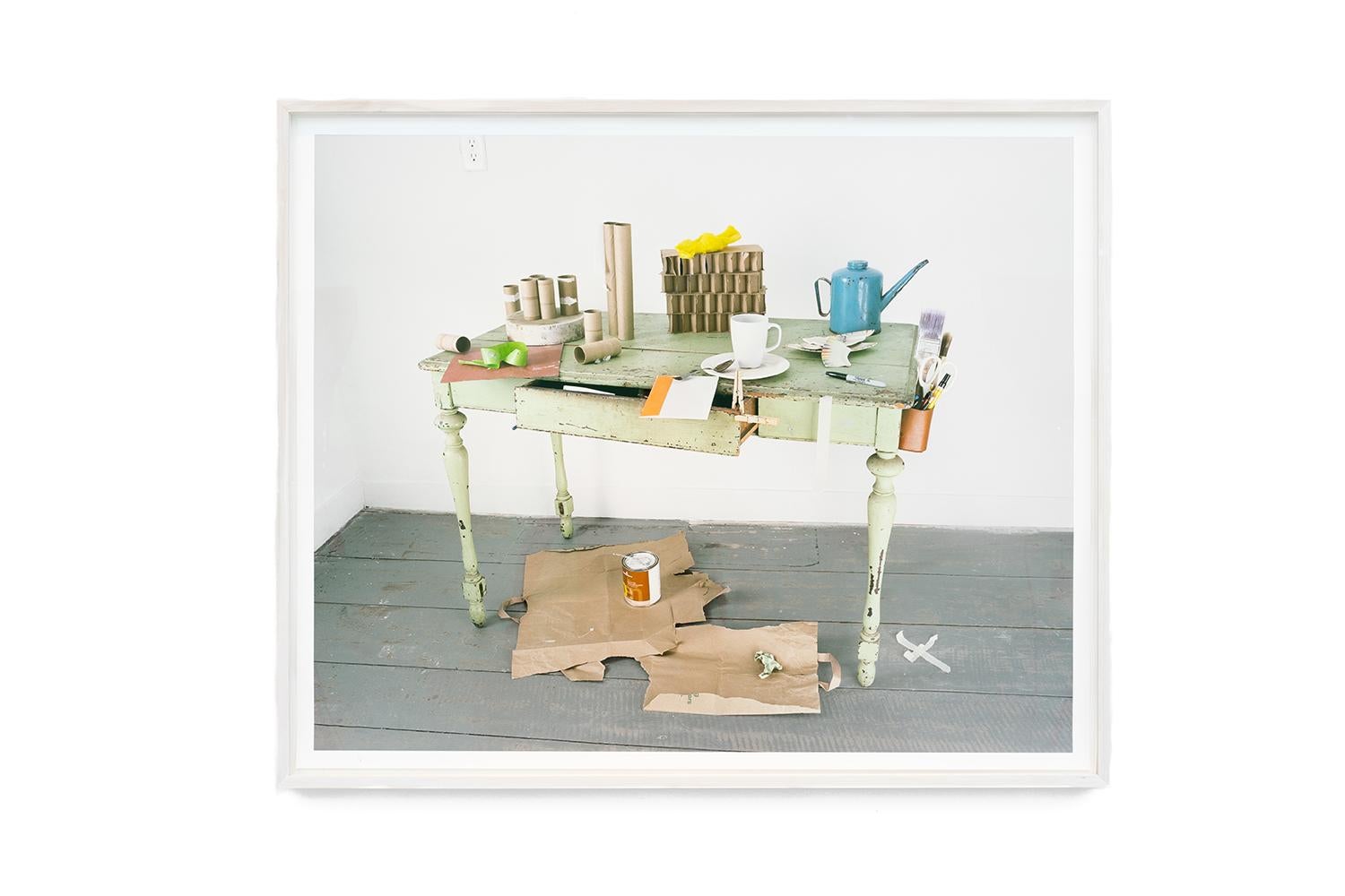 Green Table (Light Filled Still Life Photo w/ Oil Can & Tea Cup), Artist Frame - Photograph by David Halliday