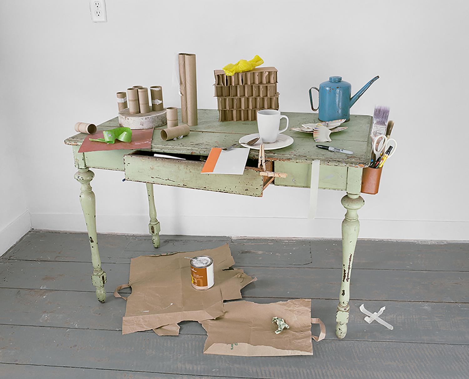 David Halliday Color Photograph - Green Table (Light Filled Still Life Photo w/ Oil Can & Tea Cup), Artist Frame