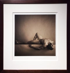 Male Nude on Back with Knee Up (Sepia Toned Figurative Photograph in Wood Frame)