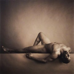 Male Nude on Back with Knee Up (Sepia Toned Figurative Photograph in Wood Frame)