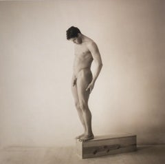 Male Nude, Standing: Sepia Toned Portrait Photograph in Wood Frame