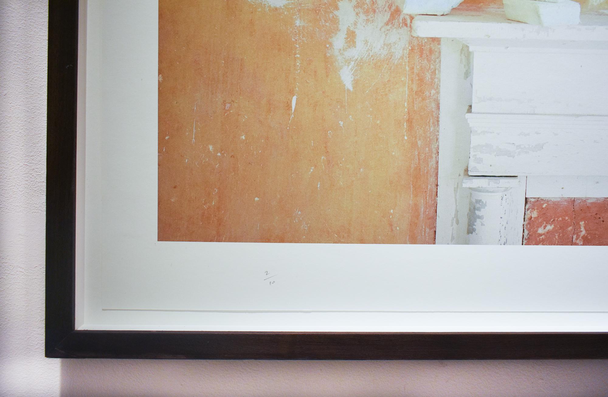 Contemporary still life photograph of faint orange wall with white plaster patches
archival pigment print, ed 2 of 10 
22.25 x 40 inches unframed
28.75 x 46 inches in dark wood frame with non-glare glass

In this series, Halliday captures the
