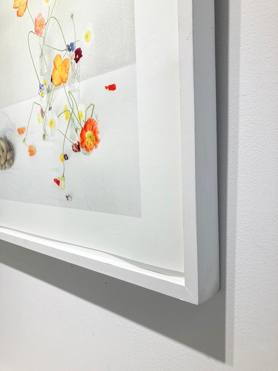 Pflanzgefäße und Kartoffeln (Stilllebenfotografie von Blumen und Gemüse auf Weiß) (Beige), Still-Life Photograph, von David Halliday