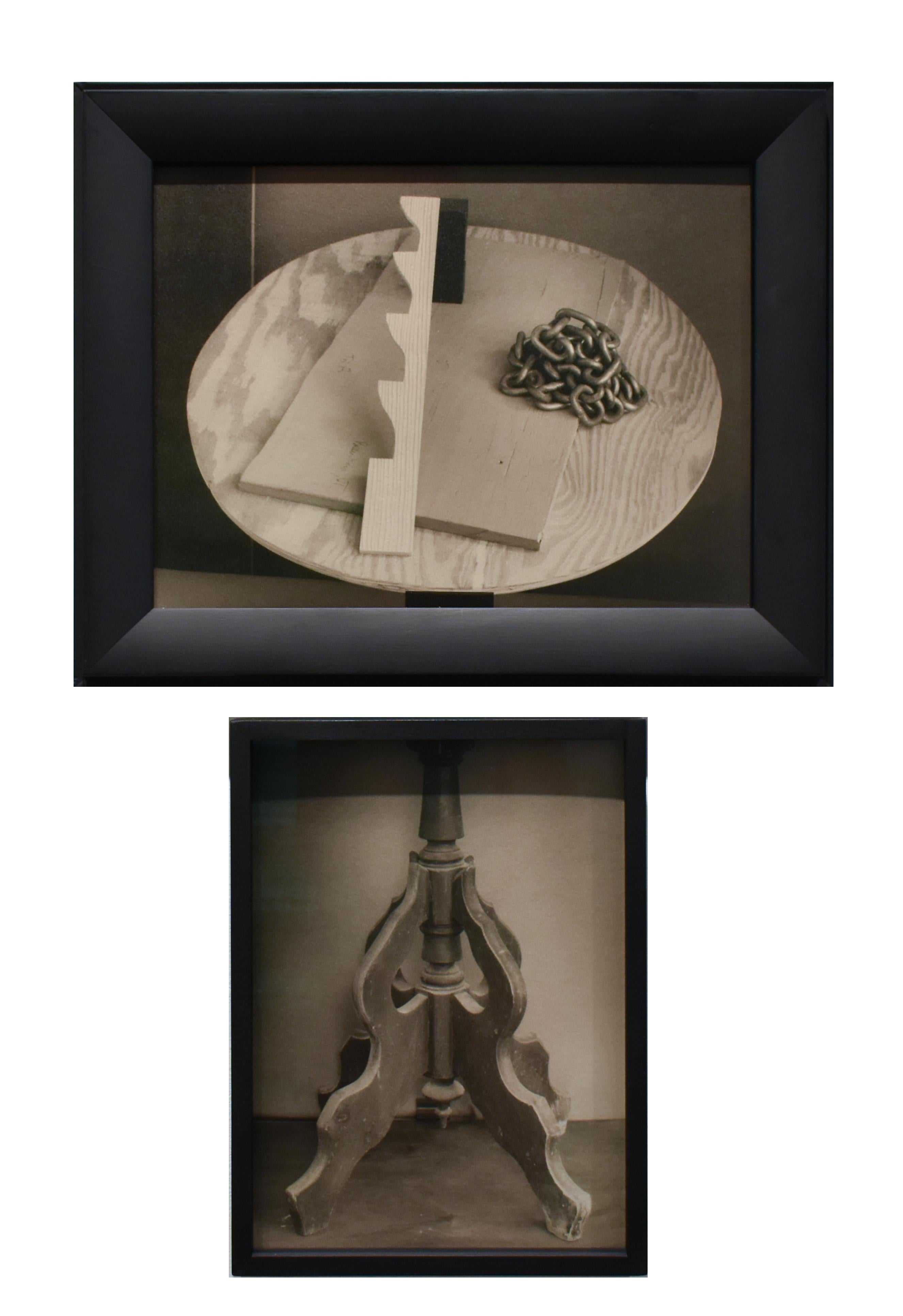 David Halliday Black and White Photograph – Beistelltisch mit Kette und Fenster Stay (Dadaist Diptychon in Vintage-Rahmen)