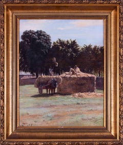 Antique British, 19th Century oil painting of harvest time in the English countryside