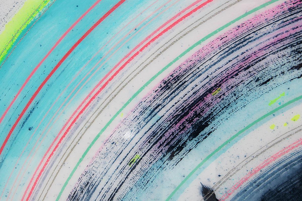 Colorful neon abstract contemporary circular painting by Houston, TX artist, David Hardaker. This painting features various rings of shades of neon teal, pink, green, and dark blue. Signed and titled by the artist at the back. Unframed but framing