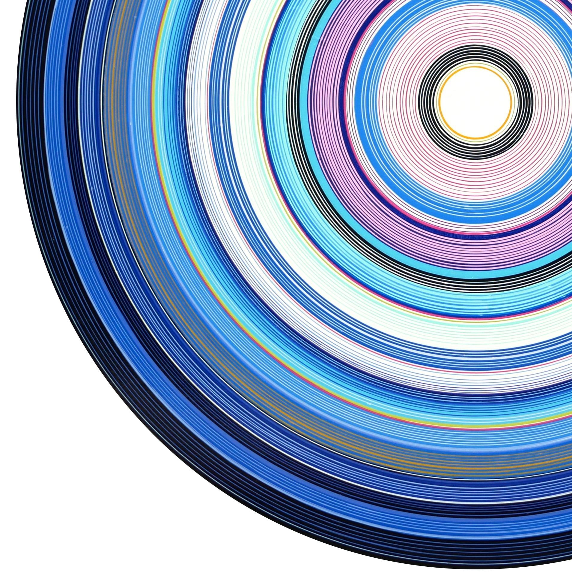 Colorful abstract contemporary circular painting by Houston, TX artist David Hardaker. This painting features various rings of bright navy, blue, and pink tones. Signed, titled, and dated by the artist on the reverse. Currently unframed but framing