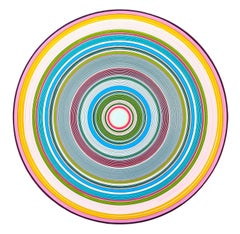 “As It Was” Contemporary Yellow, Blue, Green, & Pink Concentric Circle Painting