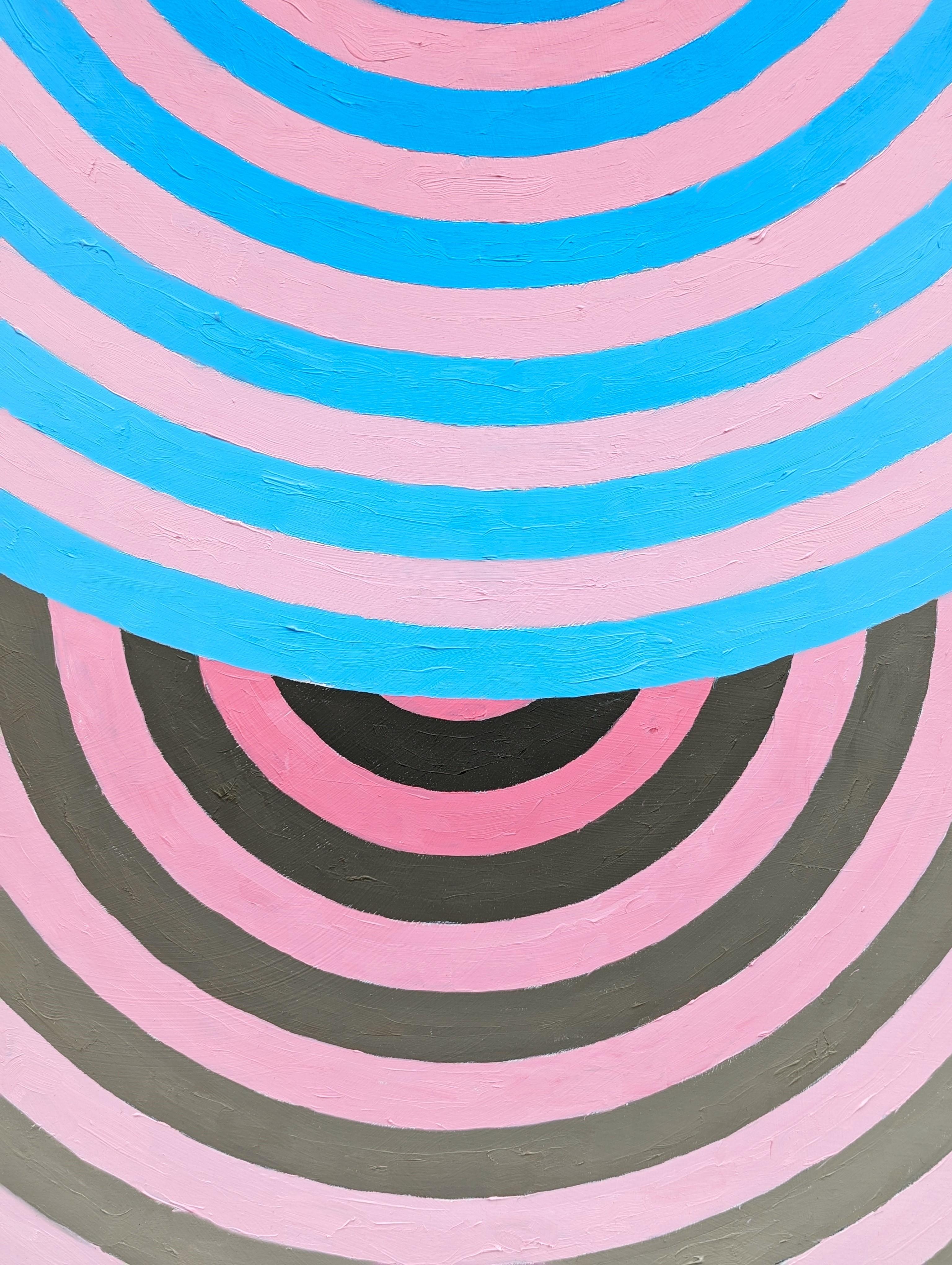 Peinture abstraite contemporaine rose et bleue en forme de cercles concentriques de l'artiste David Hardaker de Houston, TX. Signé, titré et daté par l'artiste au verso.

Déclaration de l'artiste : L'œuvre est une réponse à la