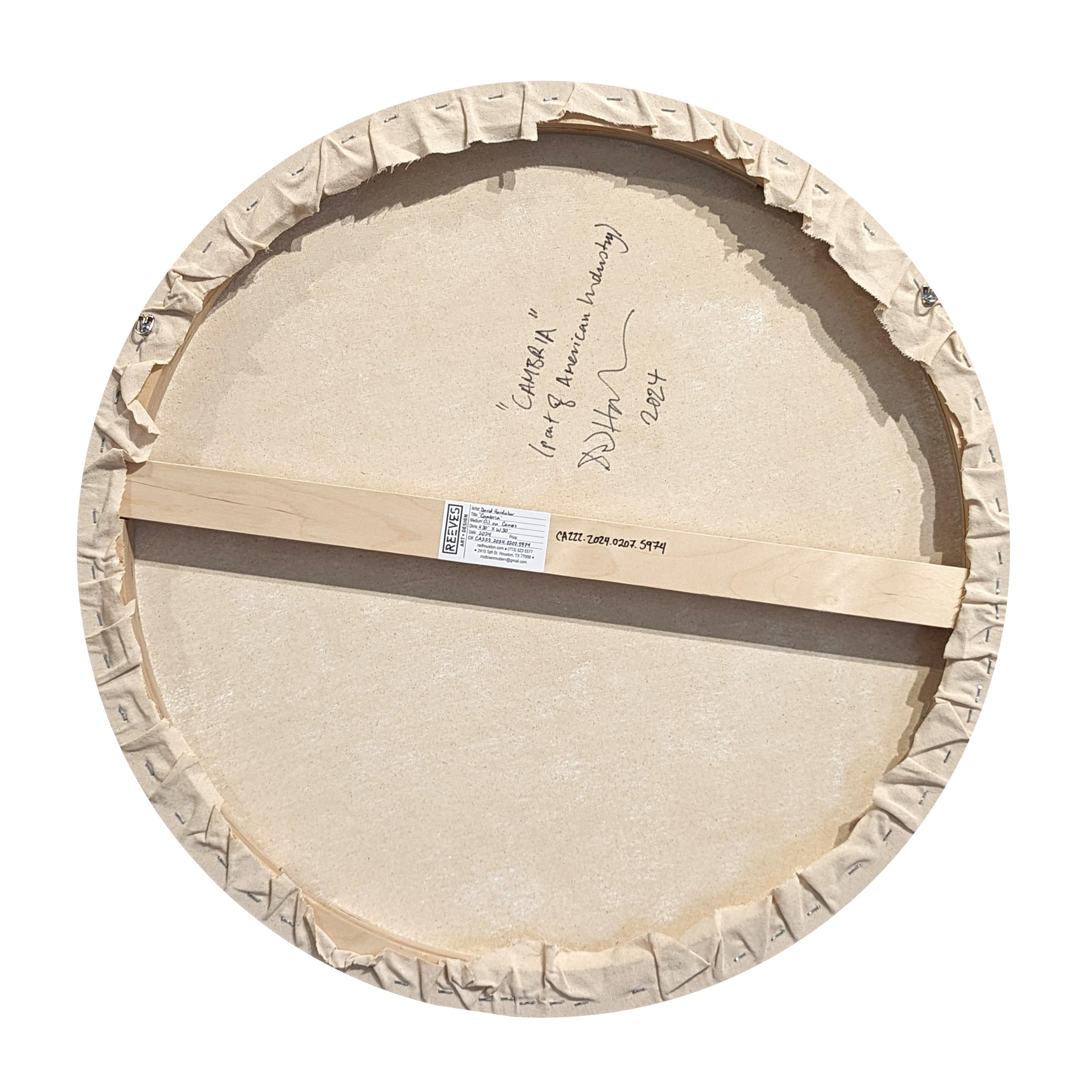 Peinture circulaire contemporaine abstraite orange et grise de l'artiste David Hardaker de Houston, TX. Signé, titré et daté par l'artiste au verso. 

Déclaration de l'artiste : L'œuvre est une réponse à la musique.

L'application de la texture et