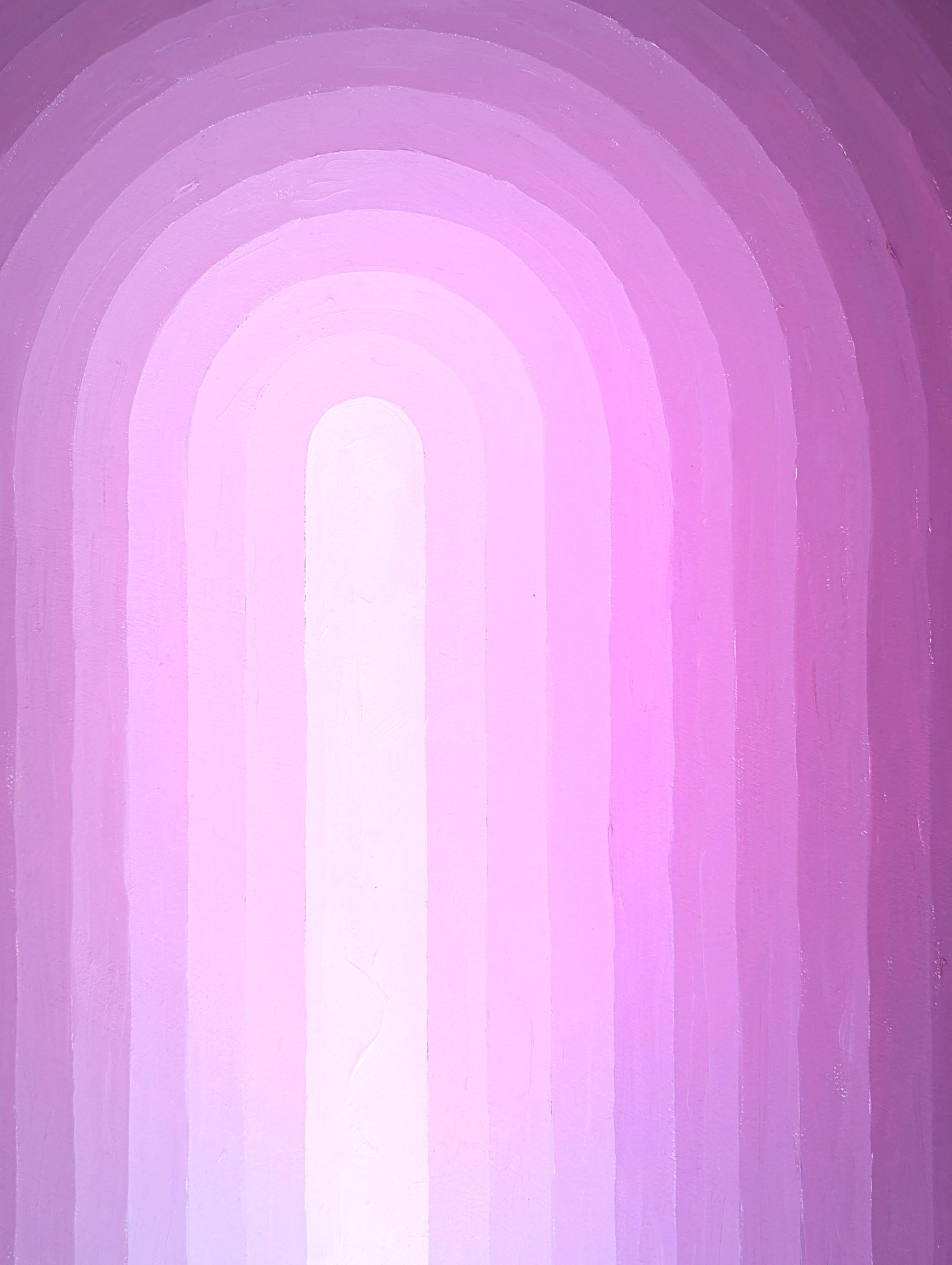 Magenta and white abstract contemporary concentric oval shaped painting by Houston, TX artist David Hardaker. Signed, titled, and dated by the artist on the reverse.

Artist Statement: The work is a response to music.

The application of texture and