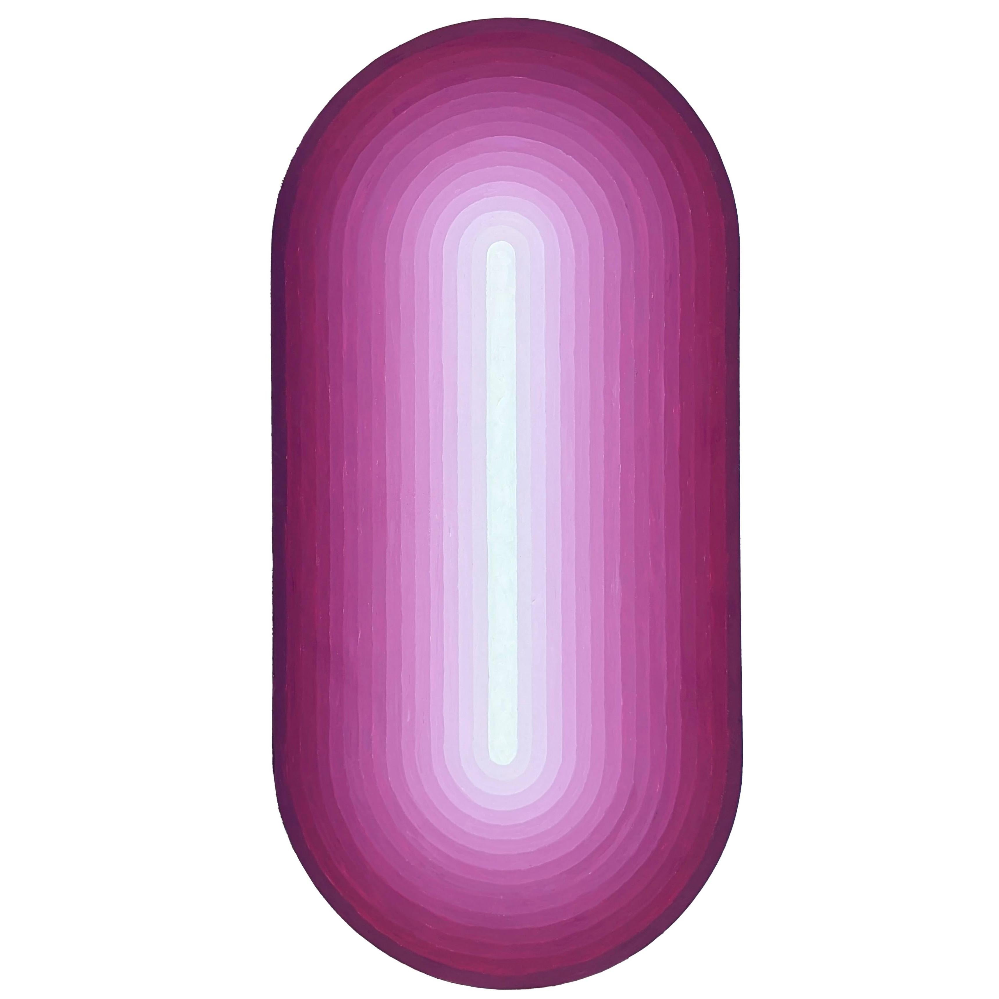 "Chisel" Pittura astratta contemporanea di colore magenta a forma di ovale concentrico