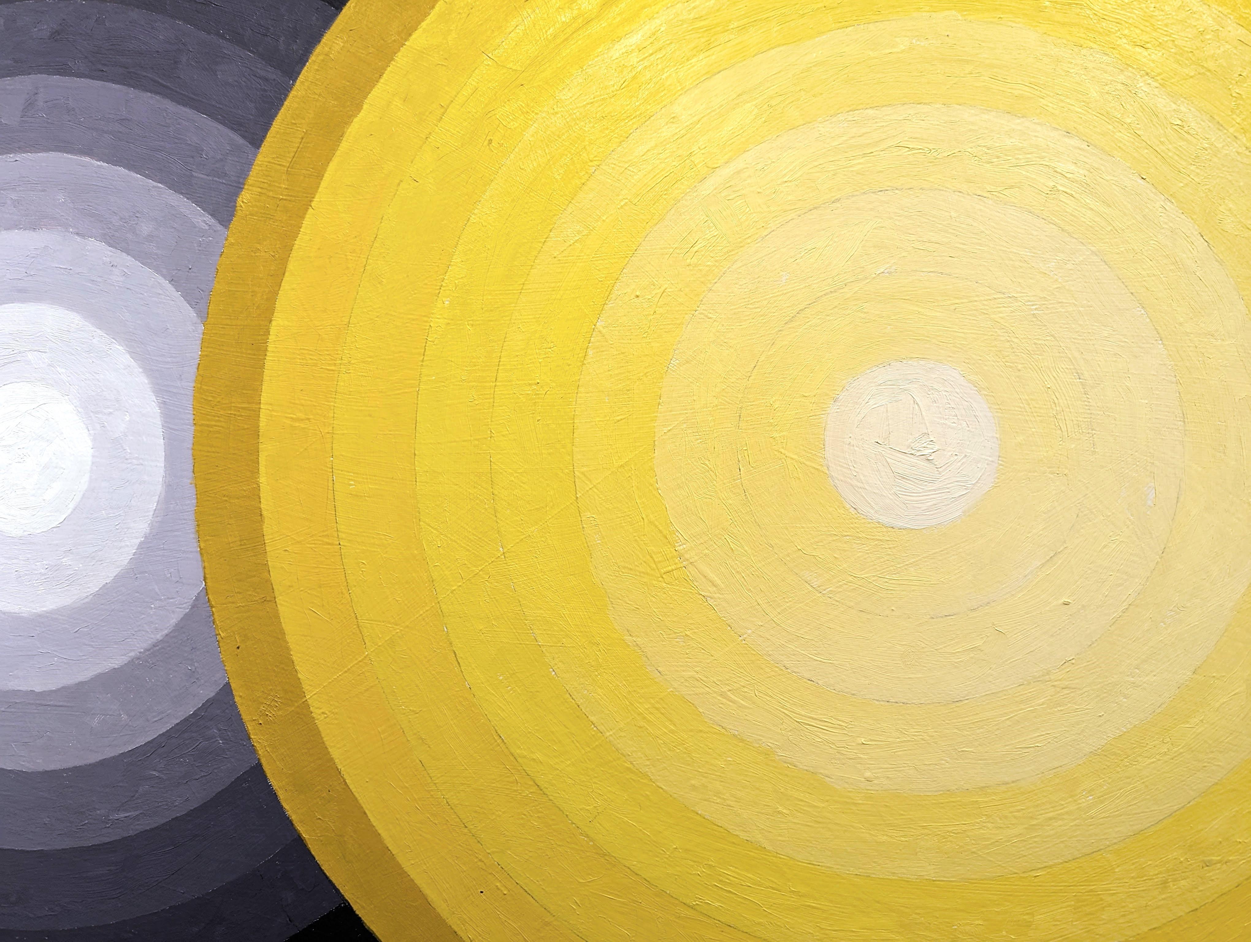 Gray and yellow abstract contemporary concentric circle painting by Houston, TX artist David Hardaker. Signed, titled, and dated by the artist on the reverse.

Artist Statement: The work is a response to music.

The application of texture and the