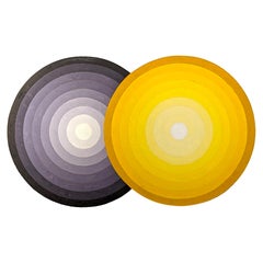 "Chonk" Peinture abstraite contemporaine de cercles concentriques gris et jaunes