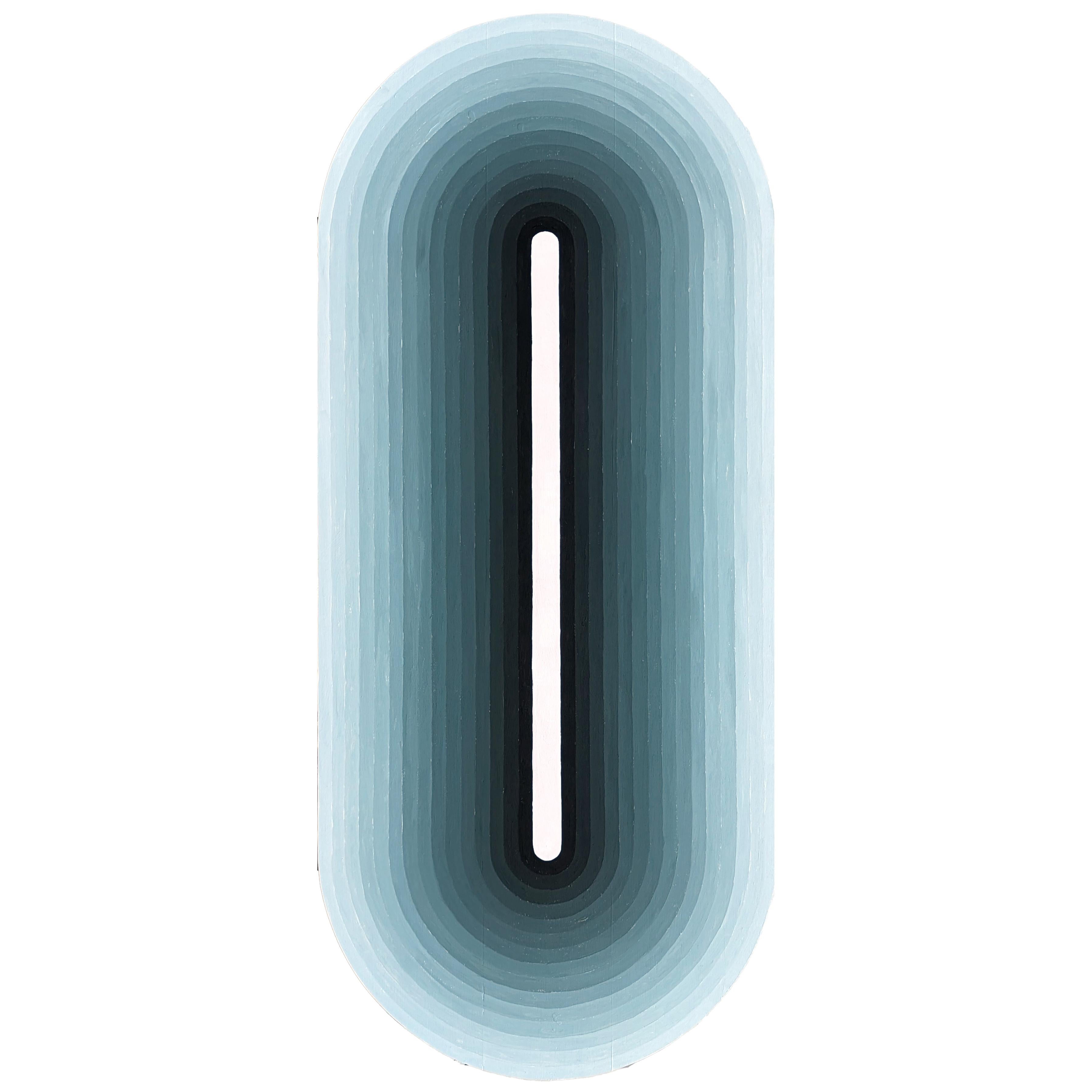 "Chuck" Peinture abstraite contemporaine ovale concentrique en forme d'ombre bleue et blanche