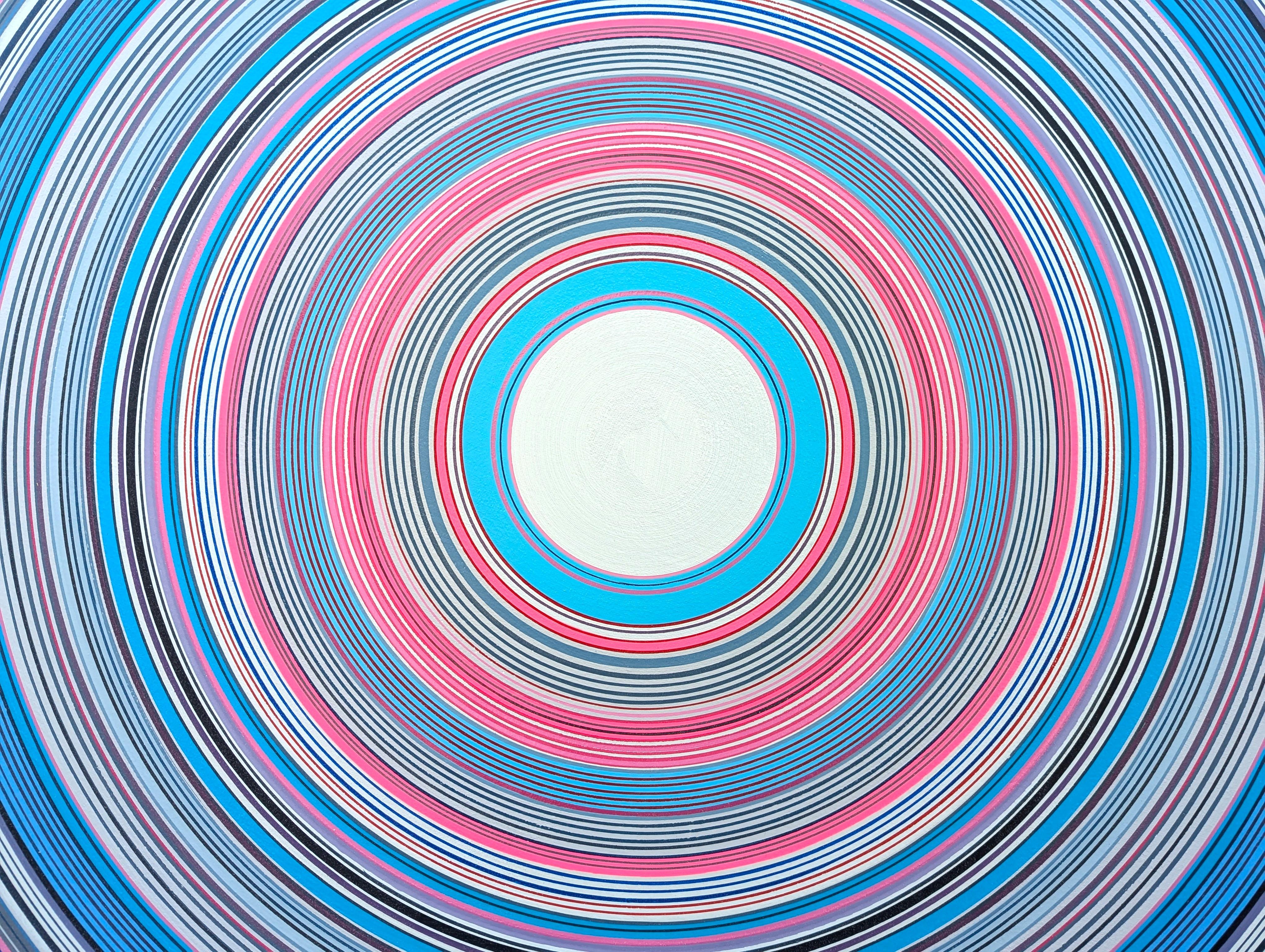 Peinture circulaire abstraite contemporaine bleue, rose et blanche de l'artiste David Hardaker de Houston, TX. Signé, titré et daté par l'artiste au verso. 

Déclaration de l'artiste : L'œuvre est une réponse à la musique.

L'application de la