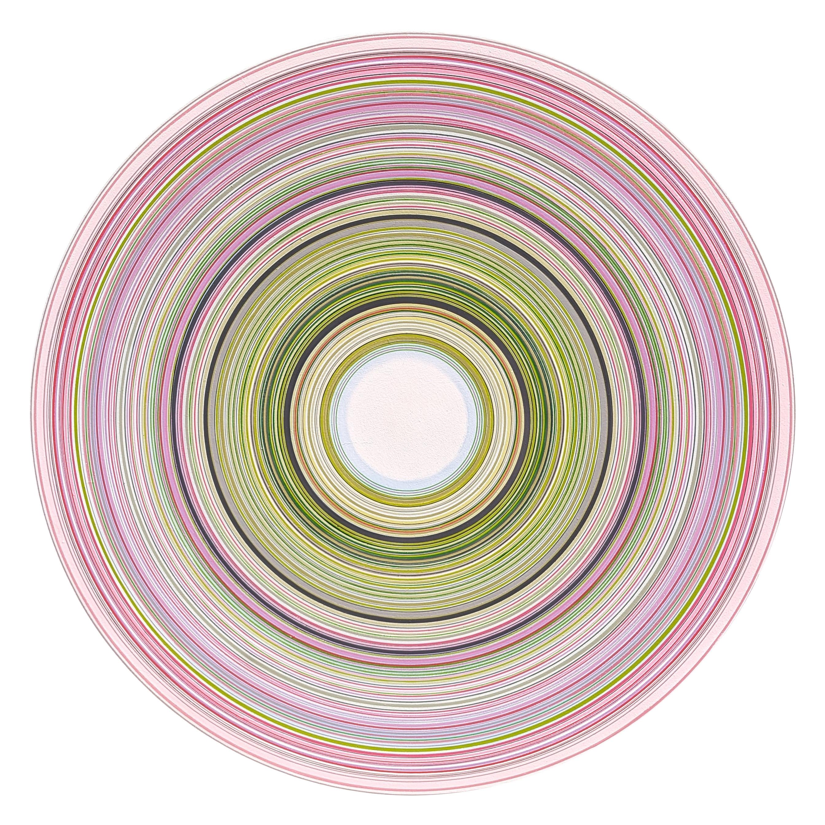 "Cloud Suite" Contemporary Abstract Pink and Green Concentric Circle Painting - Mixed Media Art by David Hardaker