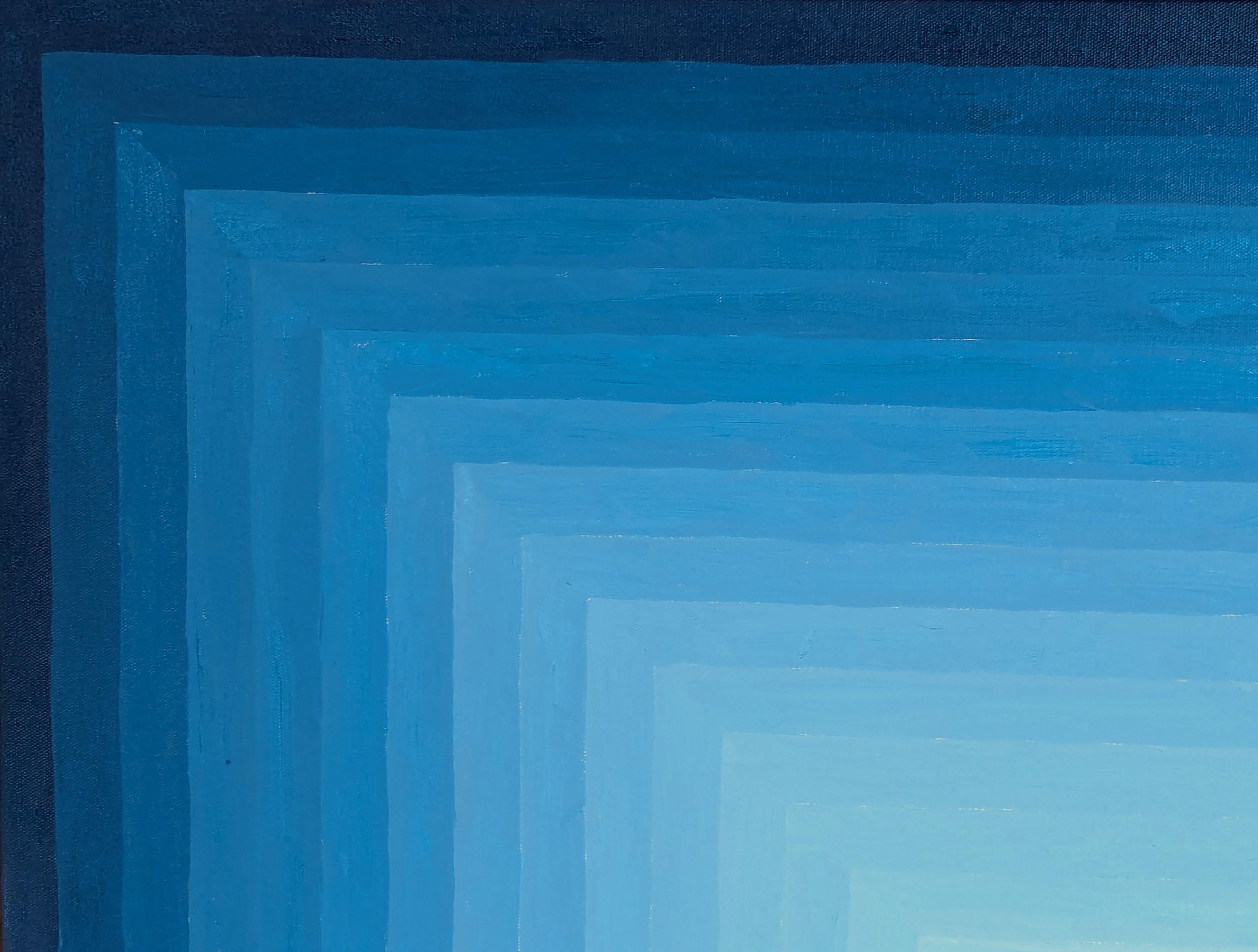 Quadro astratto contemporaneo a forme concentriche in bianco e blu dell'artista David Hardaker di Houston, TX. Firmato, intitolato e datato dall'artista sul retro.

Dichiarazione dell'artista: L'opera è una risposta alla musica.

L'applicazione