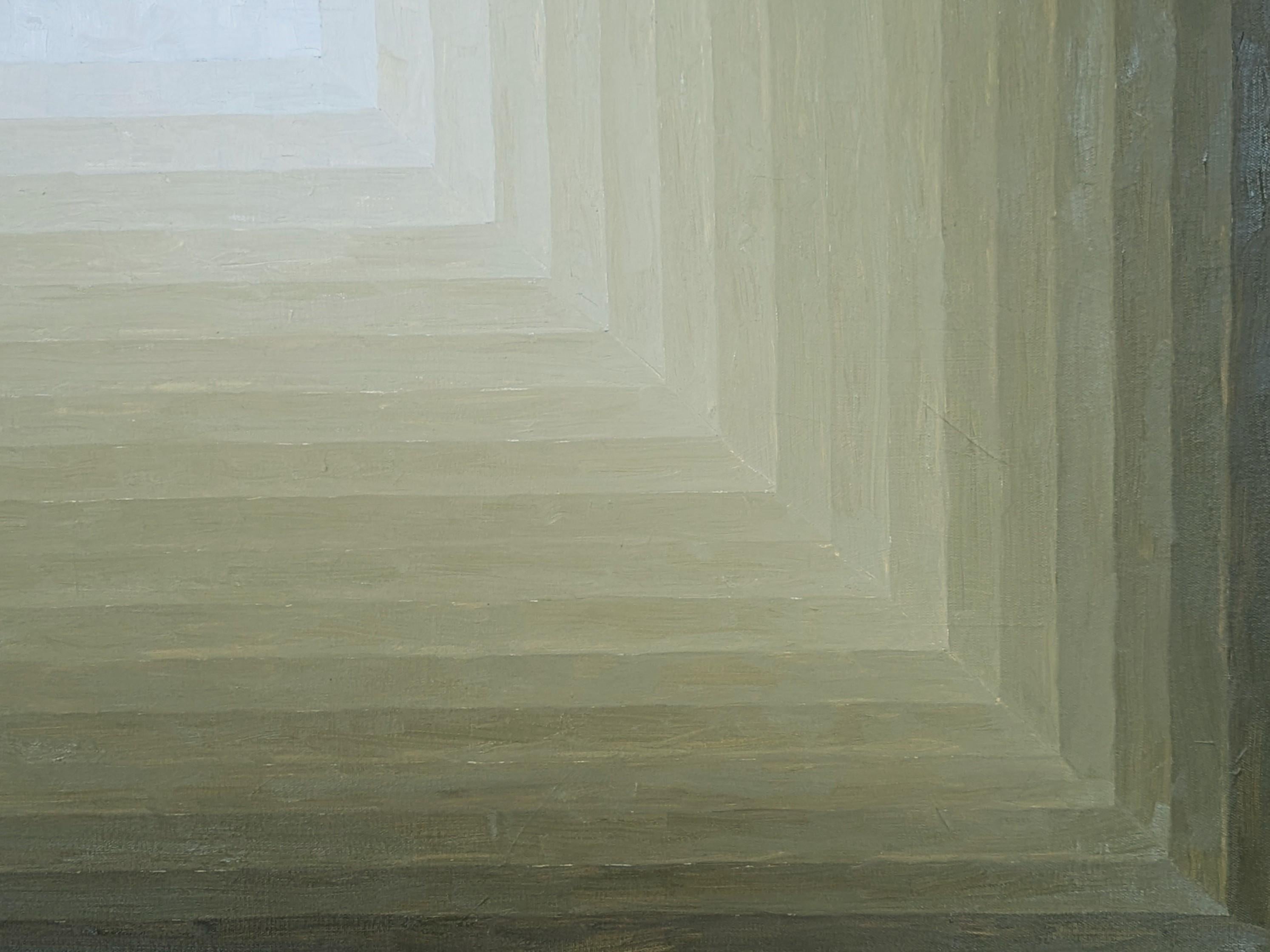 Quadro astratto contemporaneo a forme concentriche in bianco e verde dell'artista David Hardaker di Houston, TX. Firmato, intitolato e datato dall'artista sul retro.

Dichiarazione dell'artista: L'opera è una risposta alla musica.

L'applicazione