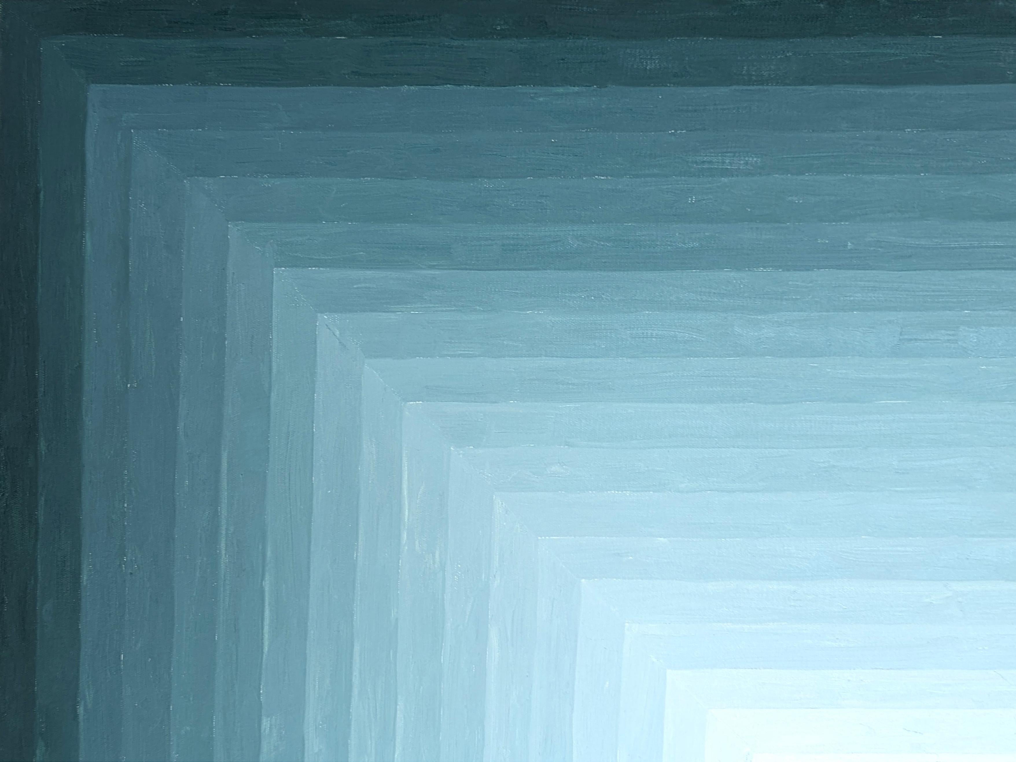 Quadro astratto contemporaneo a forme concentriche di colore verde acqua e bianco dell'artista David Hardaker di Houston, TX. Firmato, intitolato e datato dall'artista sul retro.

Dichiarazione dell'artista: L'opera è una risposta alla