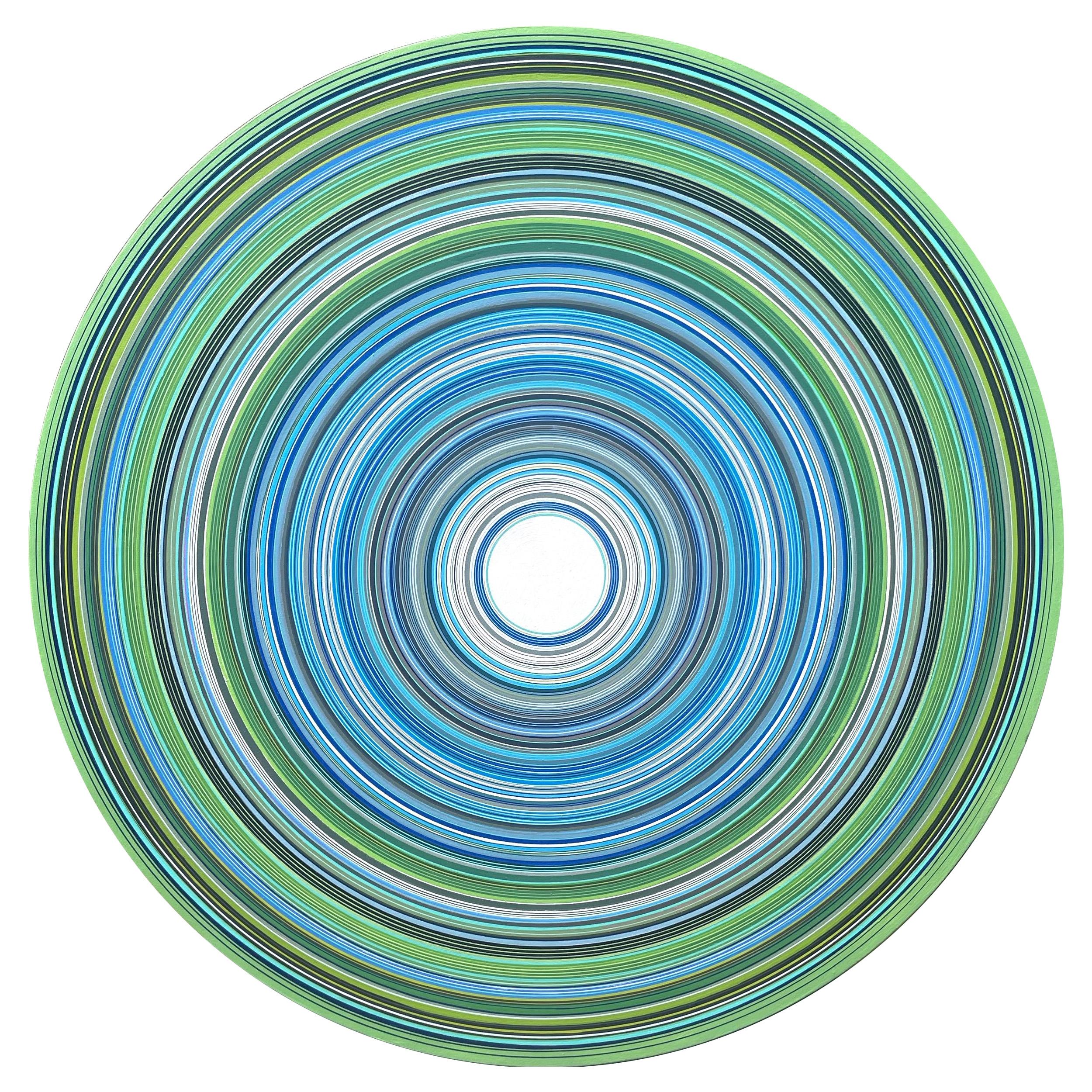 David Hardaker Abstract Painting - "Crash" Contemporary Colorful Abstract Blue & Green Concentric Circle Painting