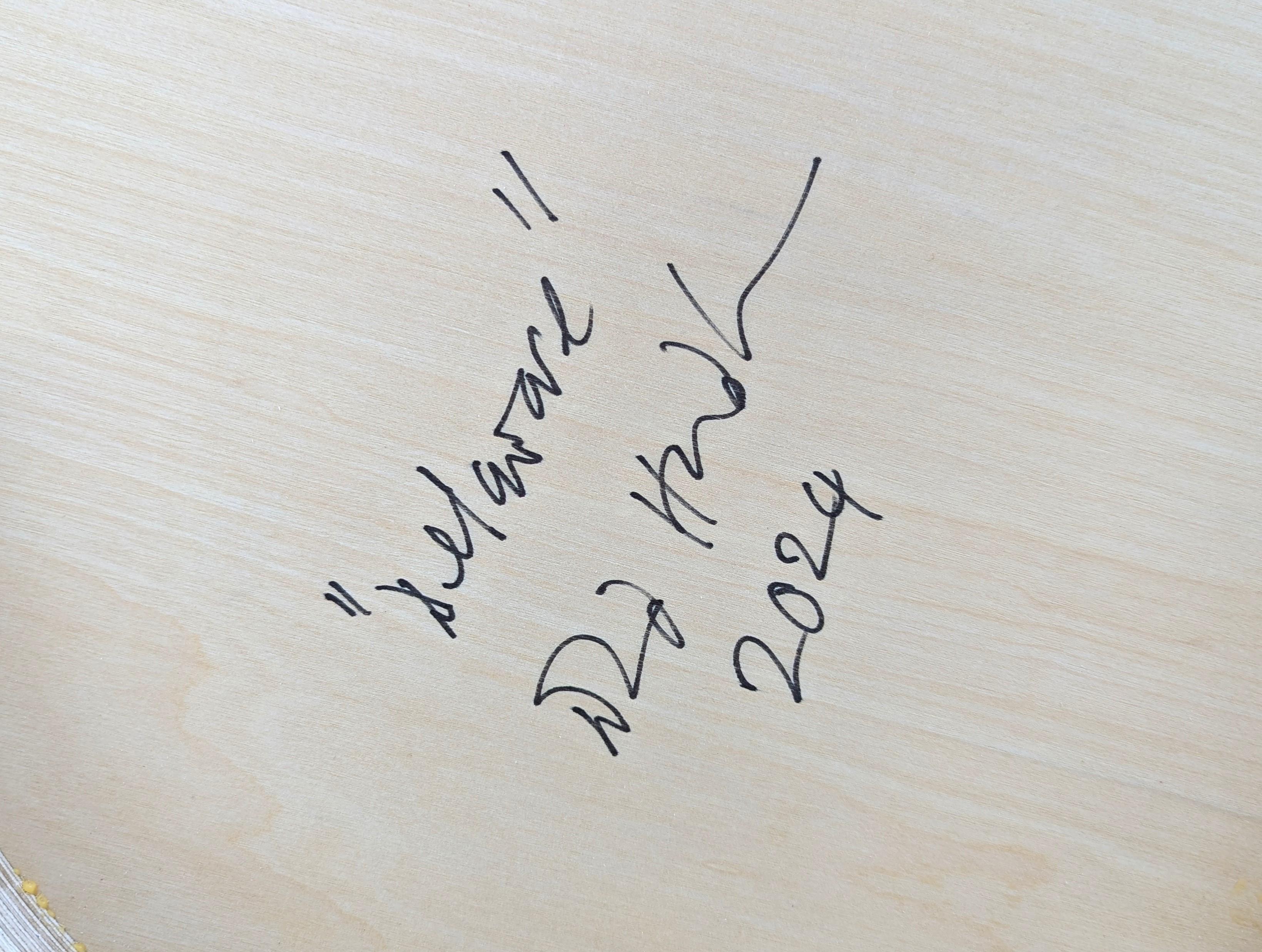 Pintura abstracta contemporánea en forma de círculos concéntricos, en color verde azulado y blanco, del artista David Hardaker, de Houston, Texas. Firmado, titulado y fechado por el artista en el reverso.

Declaración del artista: La obra es una