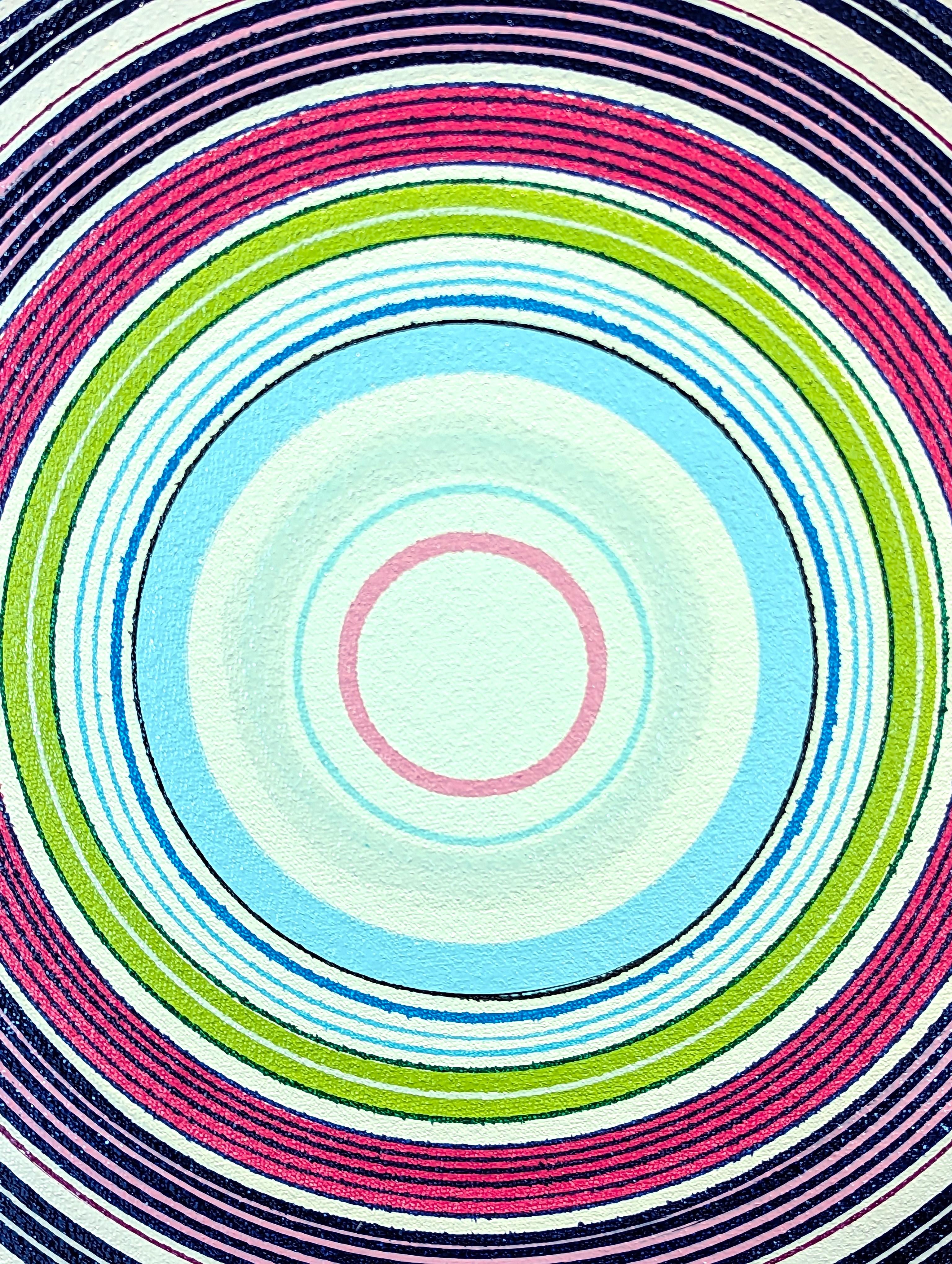 “Dreaming of You” Contemporary Blue, Green, and Pink Concentric Circle Painting 5