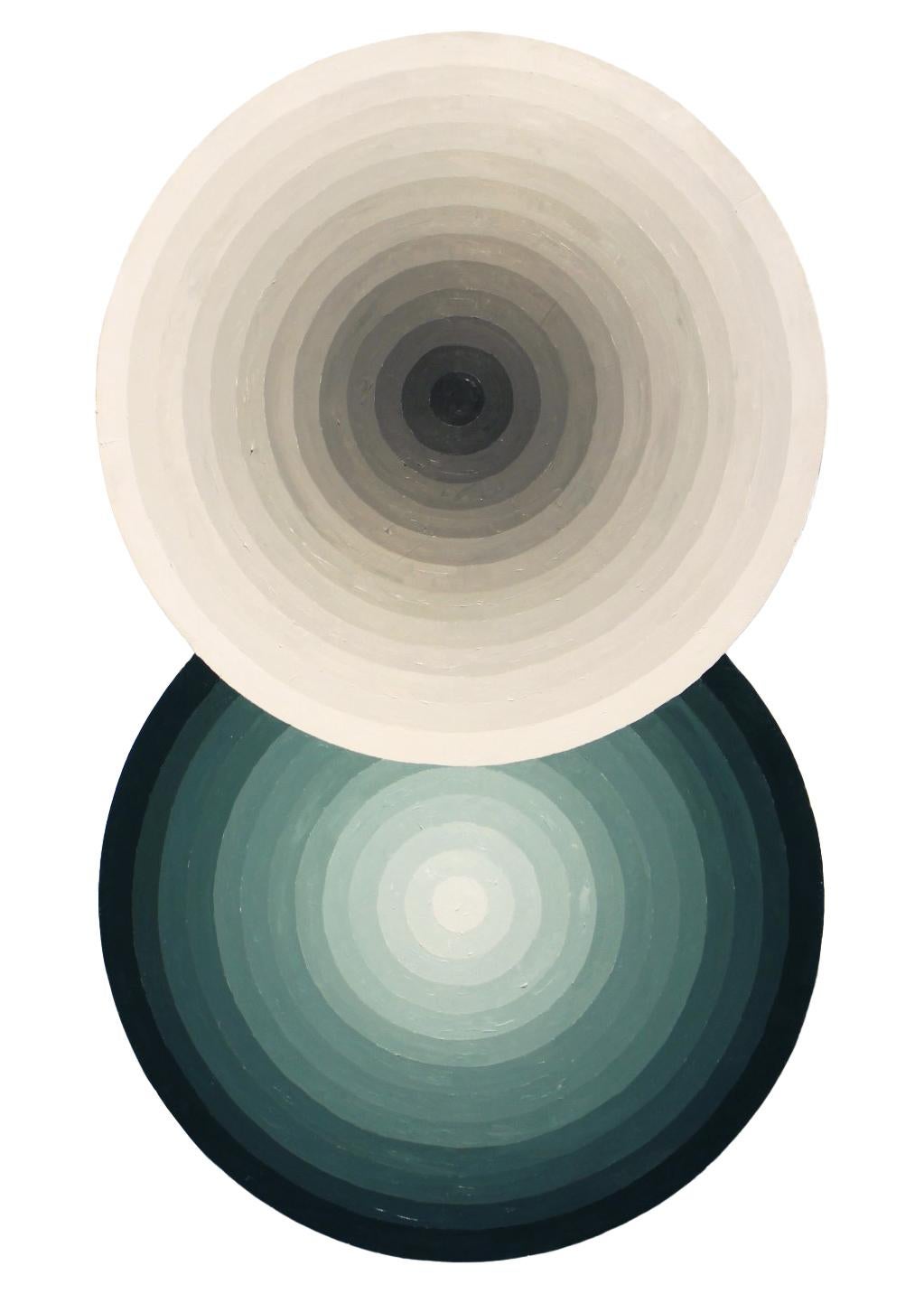 David Hardaker Abstract Painting - "End Stop" Contemporary Abstract Gray and Green Concentric Circle Painting
