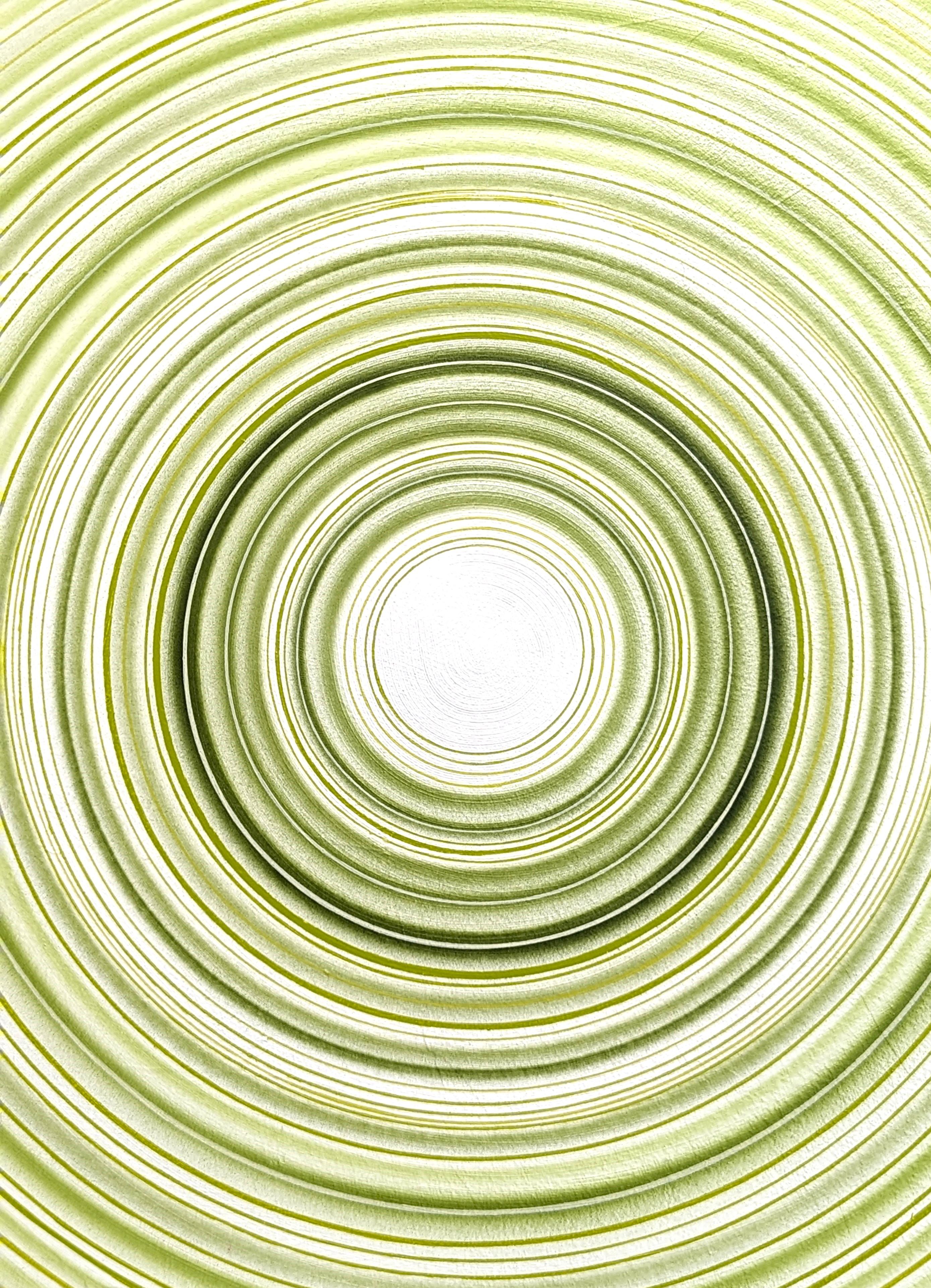Green and white abstract contemporary circular painting by Houston, TX artist David Hardaker. Signed, titled, and dated by the artist on the reverse. 

Artist Statement: The work is a response to music.

The application of texture and the act of